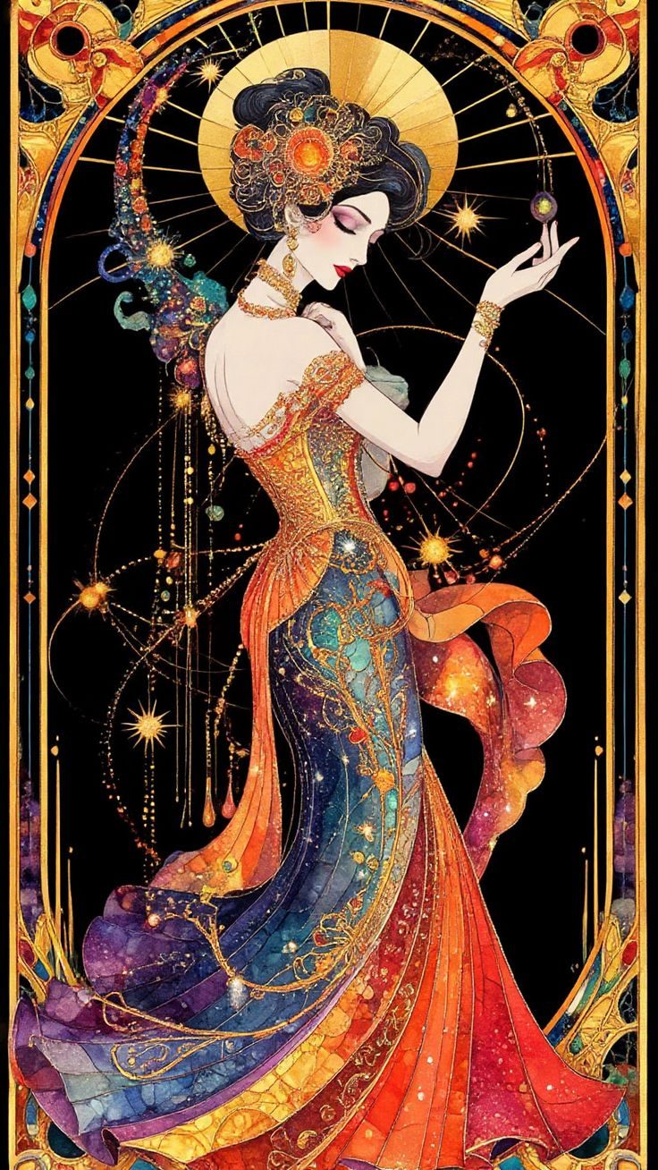 Aurea Veritas Official A woman in an ornate dress surrounded by celestial bodies and cosmic elements.